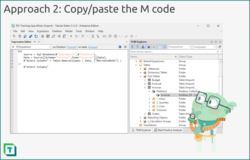 You can develop the Power Query logic in Power BI Desktop (or even Excel), then open it in the advanced editor and paste it in the partition expression.
