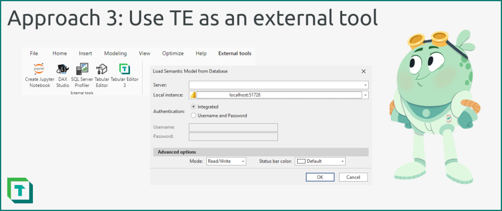 Use TE as an external tool_ You can develop the Power Query logic in Power BI Desktop, save the model as a Power BI projects (.pbip) file, and then continue working in a combination of Power BI Desktop and Tabular Editor. 